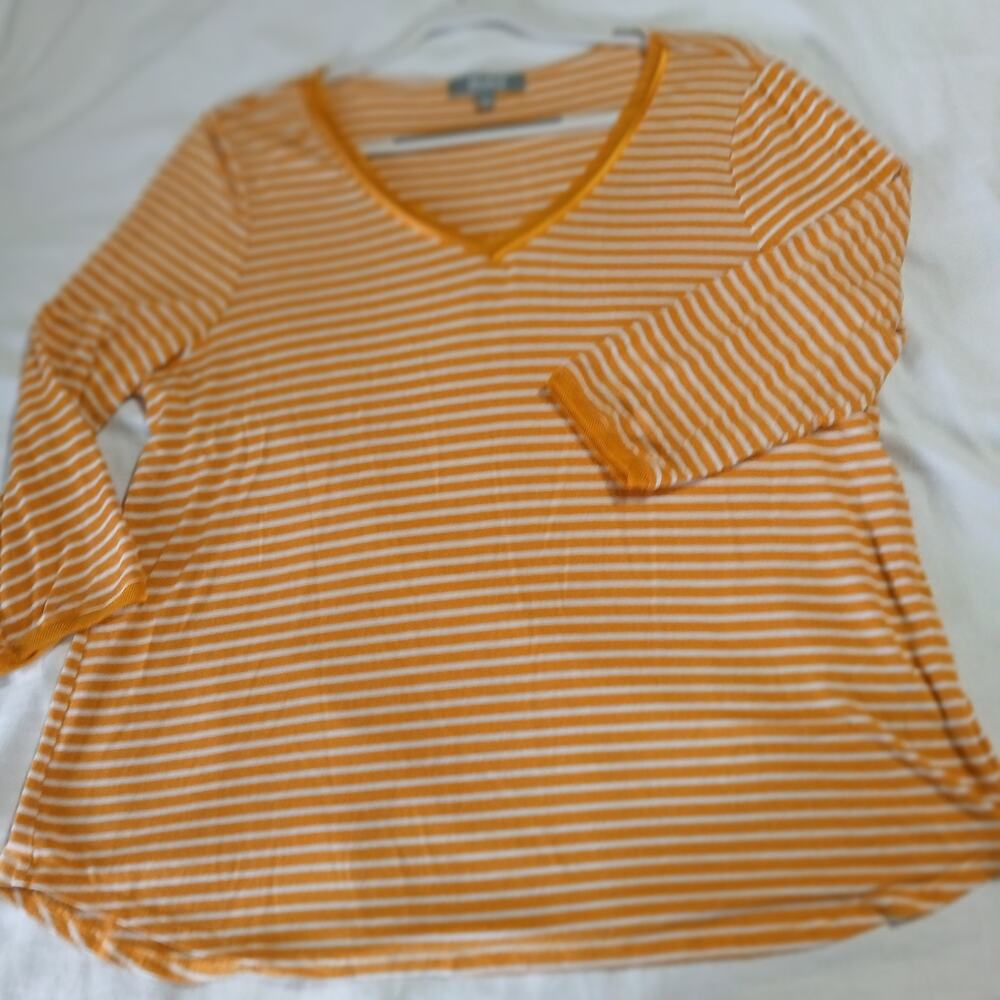 Marled Reunited Clothing XL marigold/white striped rayon v-neck ribbon detail